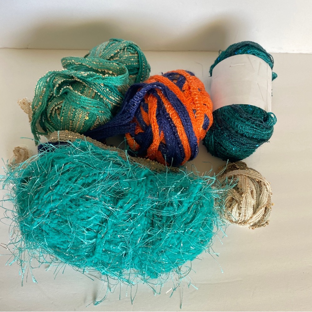 Lot Of 5 Colorful Yarn Metallic Sequin Bulk Ribbon Knit Blue Aqua Gold Orange